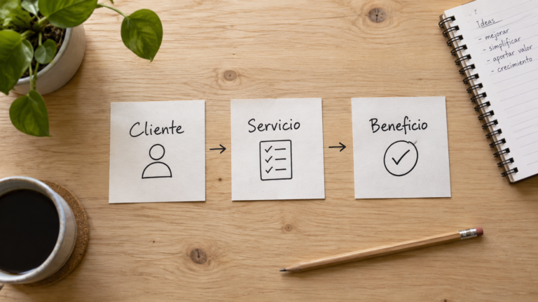 Tarjetas de cliente, servicio y beneficio sobre una mesa para definir una propuesta de valor
